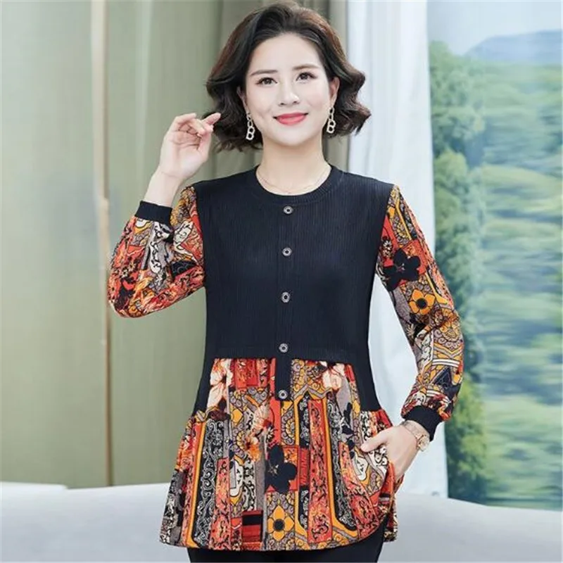 Women Spring Summer Blouses Printed patchwork Shirts Lady Fashion Casual long Sleeve O-Neck Colla Printing Plus size Blusas Tops