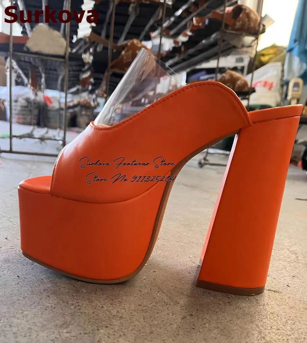 Surkova Orange Matte Chunky Heel Platform Slippers Women Clear PVC Open Toe Block Heels Dress Pumps Slip-on Banquet Shoes Size46