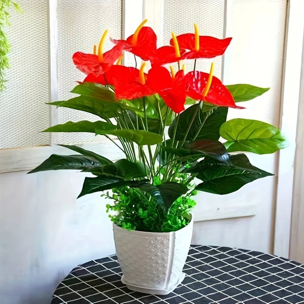 12-köpfige rote Palmen-Kunstblumen, Flamingo-Blume mit üppigen grünen Blättern, künstliche Pflanzen für Zimmer, Haus, Garten, Außendekoration – Detail 4