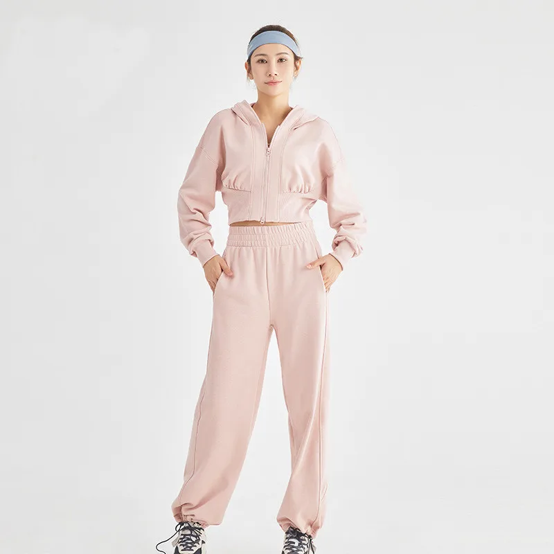 

Casual Sport Simple Hooded Solid Color Zipper Short Coat Loose Sweatpants Suit for Sports 2piece Workout Wear Gym Clothing