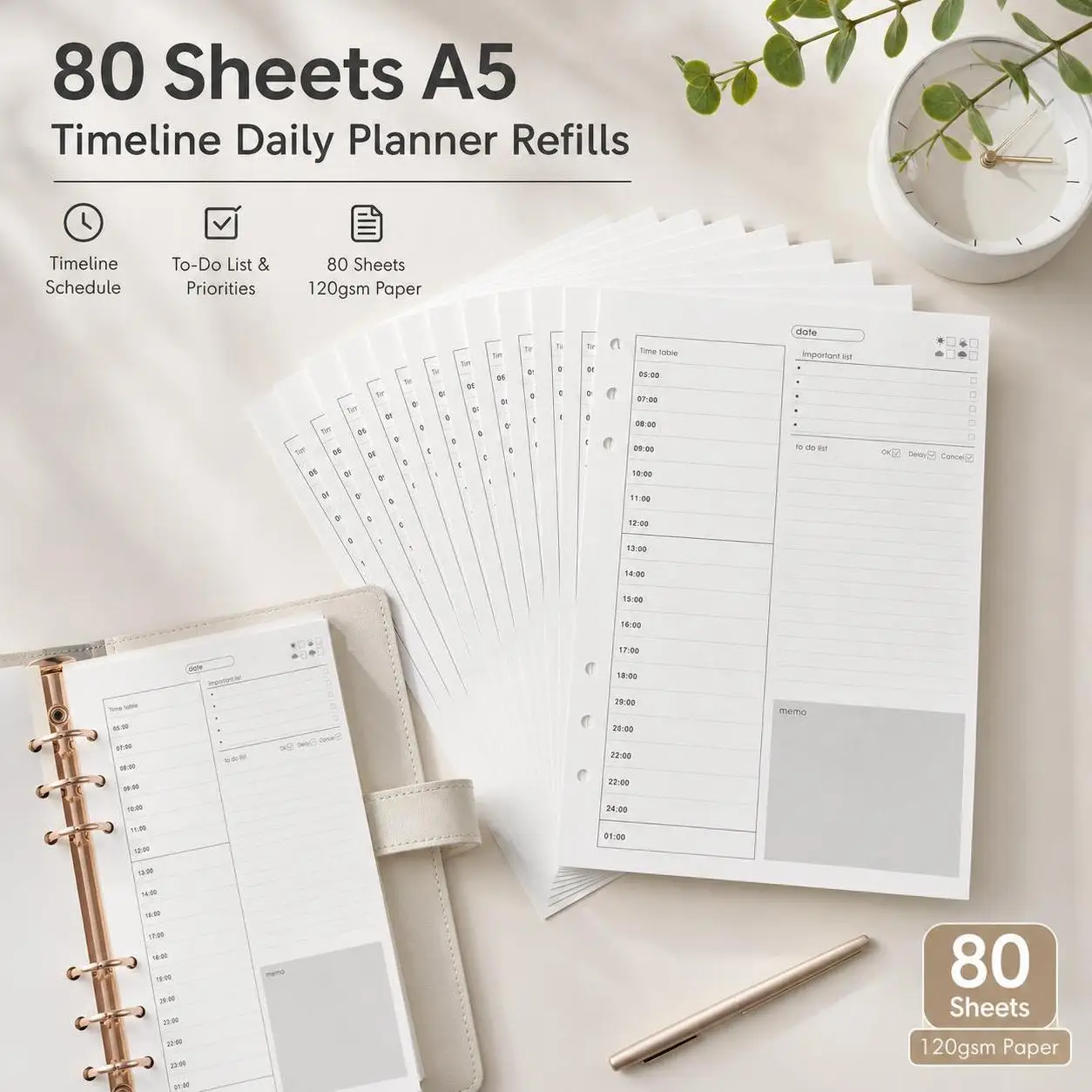 80 Sheets A5 6 Hole Loose Leaf Refills Timeline Daily Planner Financial Ledger Budget Inserts 120g Thick Paper Agenda Pages