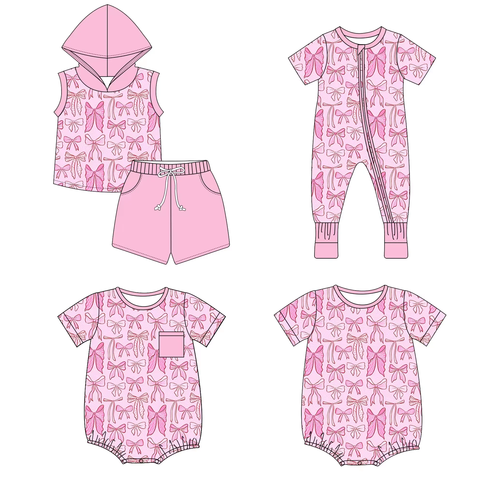 Pink Bow Print Baby Girl Romper Boutique Baby Girl Clothes Sleeveless Hooded Top and Shorts Set Wholesale Sister Clothes