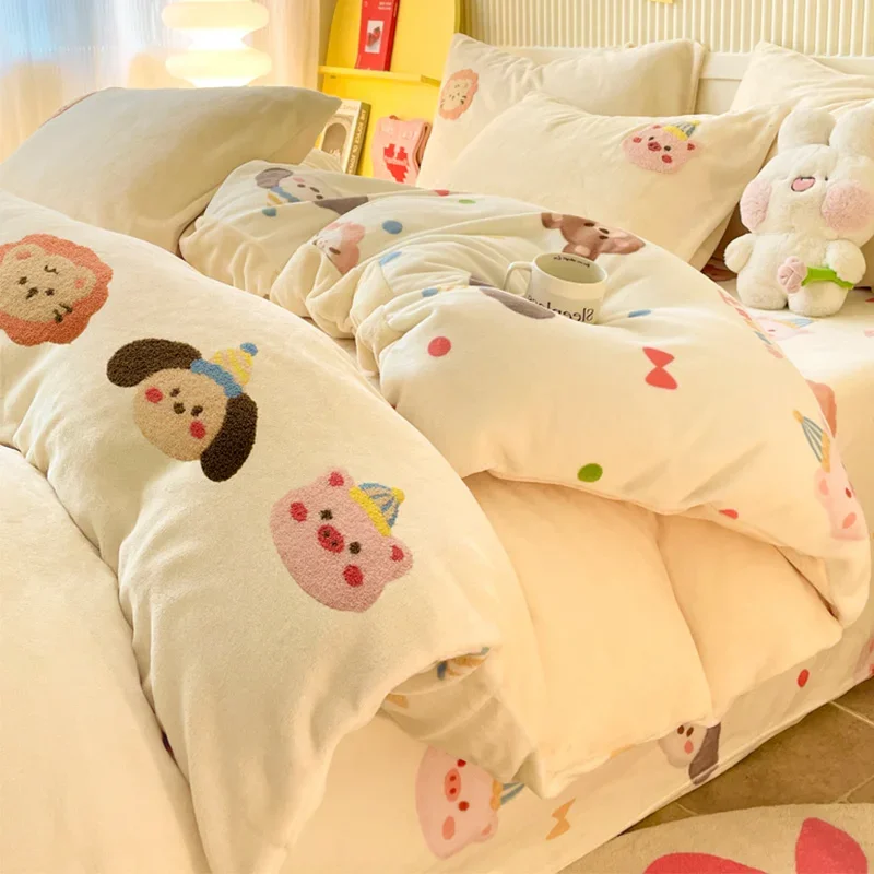 

New thickened milk fleece bed four-piece winter fleece quilt cover coral fleece bed