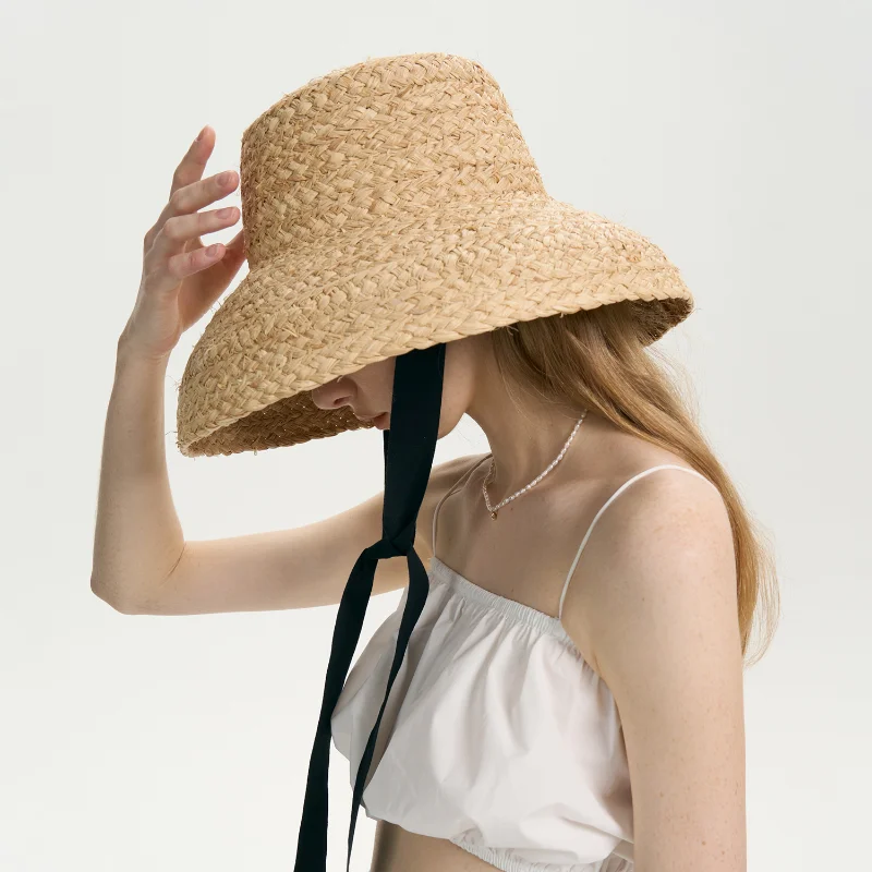 USPOP Large Brim Raffia Straw Hat Women Spring Summer French Style Sun Hat wIth Straps