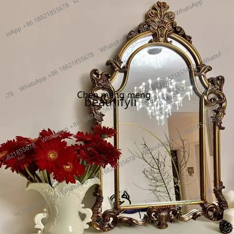 Französischer intelligenter Badezimmerspiegel im Retro-Stil, geschnitzter amerikanischer Badezimmerspiegel, Kamindekoration, Wandbehang, Kosmetikspiegel H