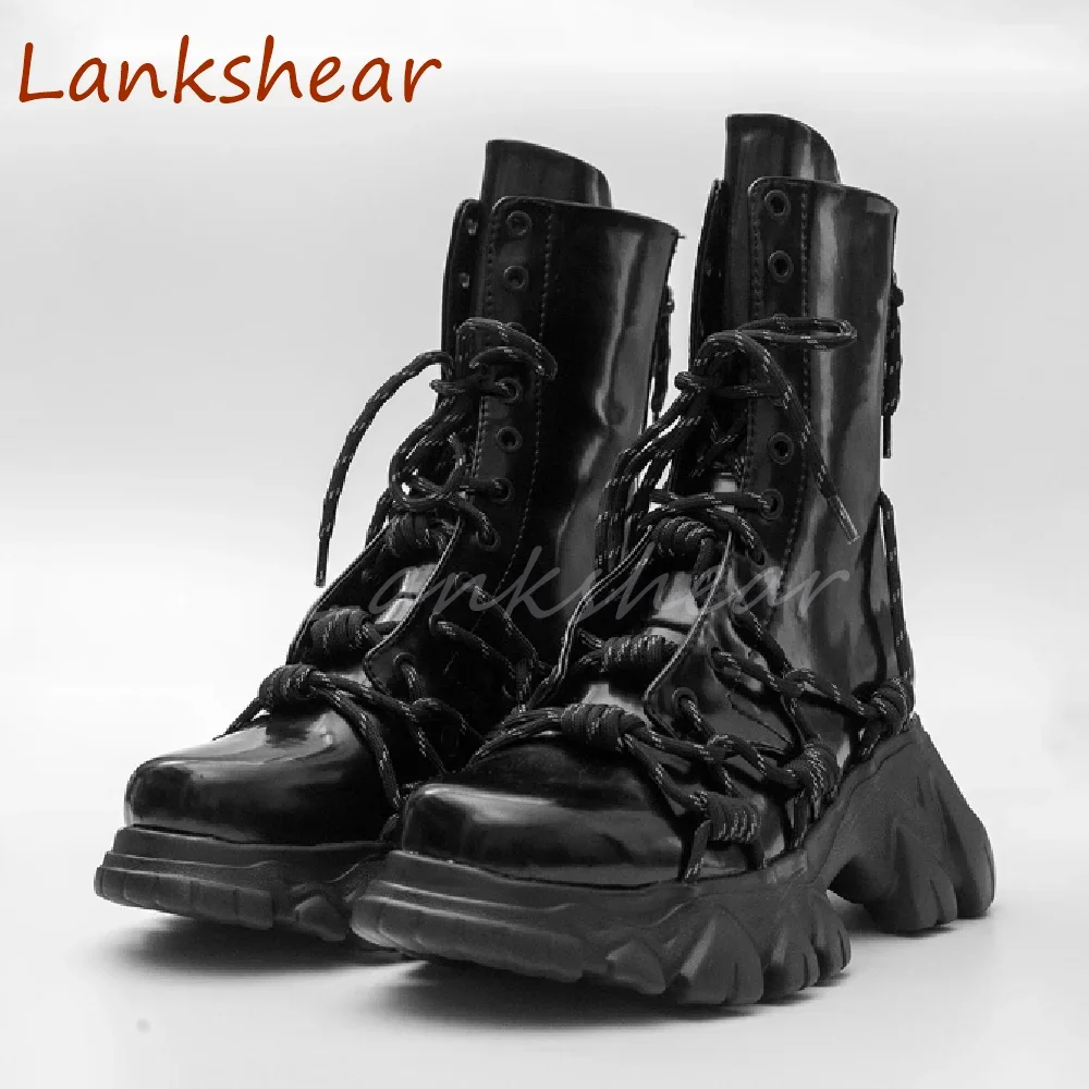 

Cross Tied Thick Sole Women Boots Square Toe Solid Side Zipper Fashion Autumn Niche Design Punk Casual Women Shoes New Arrivals