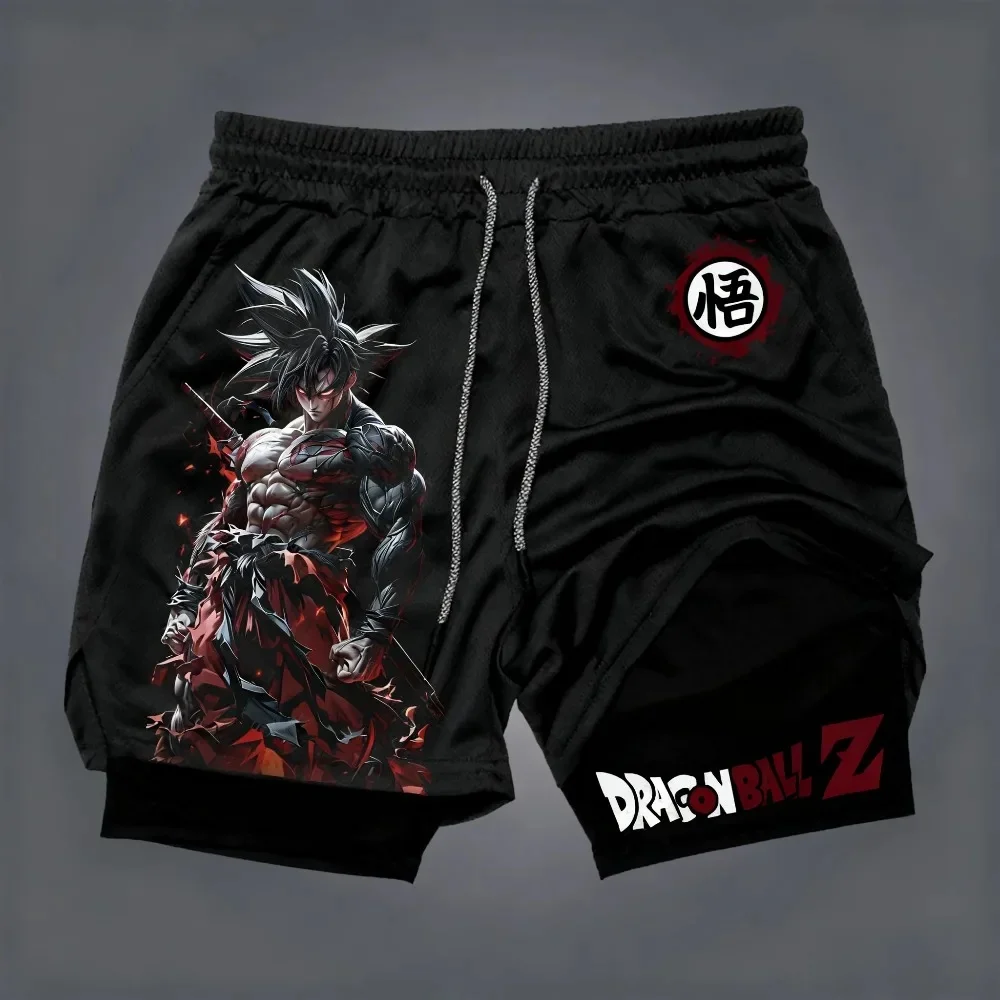 2026 Dragon Ball Men's Double Layer Shorts Wukong Summer Japanese Anime Fake Two Piece Sports Fitness Quick Drying Shorts