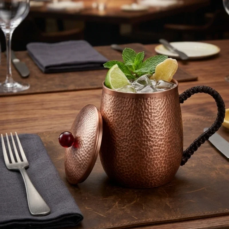 Copper Tea Mug,With lid 400 ml Camping Coffee Cup,Handcrafted Carving Hammer Texture Outdoor Cold Drink Cup Vintage Drinkware