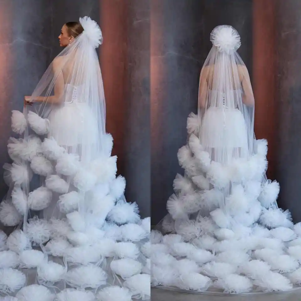 Princess Wedding Veil Appliques Pearls One Layer Cathedral Length Bridal Veils With Comb Flowers Bride Accessories Customized