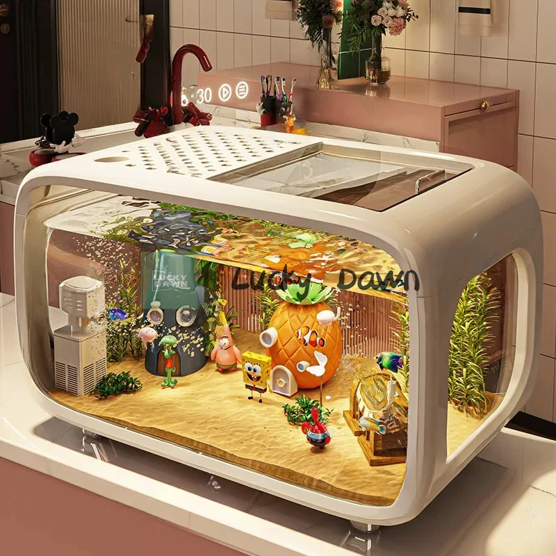 خزان حوض سمك أكريليك سعة 10 جالون مع غطاء، ديكور وعاء السمك ذو المناظر الطبيعية البيئية الشفافة لسطح طاولة مدخل غرفة المعيشة