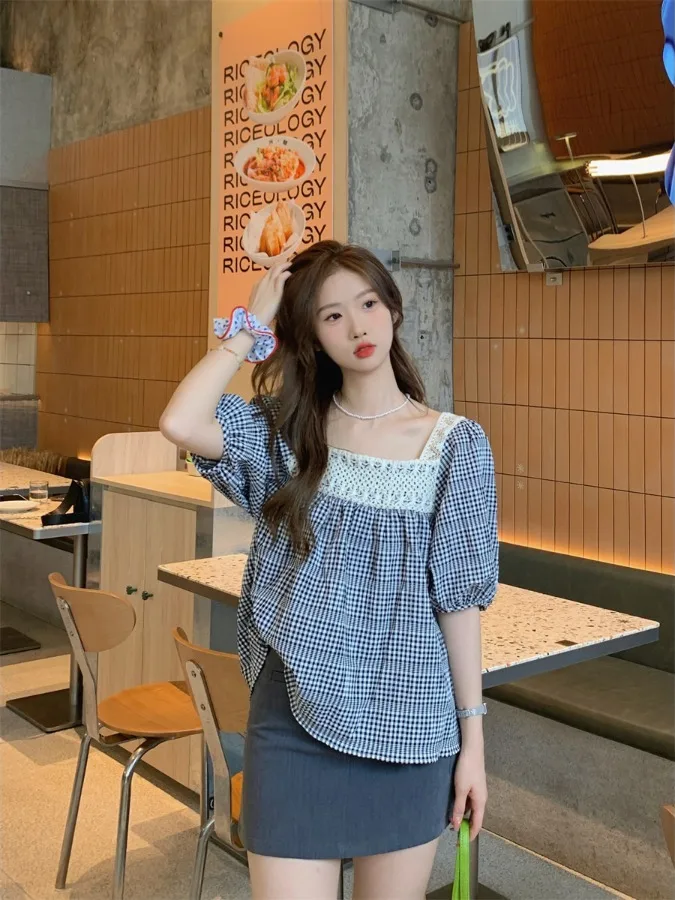 Top de Mujer con Encaje Suelto, Estilo Plaid, 5/8, Estilo Dulce de Verano, Cuello Cuadrado, Diseño de Muñeca, Sensación de Elegancia, Fibra de Poliéster 00%