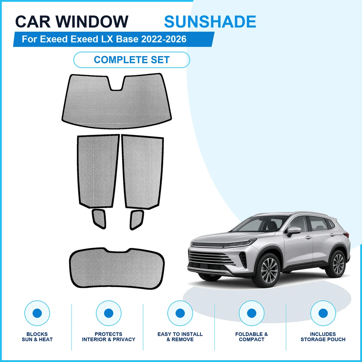 For Exeed Exeed LX Base 2022-2026 Custom Full Set Window Sunshades Aluminum Foil Suction Cup Anti UV Privacy