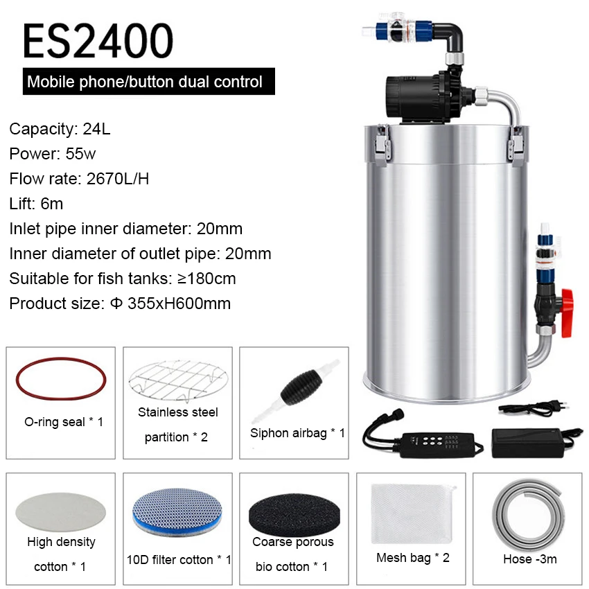 

24L Aquarium Fish Tank 304 Stainless Steel Filter Bucket Dual Control Intelligent Variable Frequency Silent Large Capacity Pump