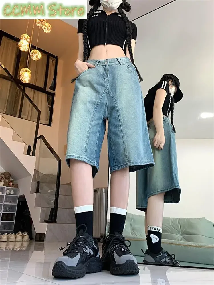 Summer Street Women's Regular Cropped Jeans Young Girl Wide Leg Denim Shorts Female High Waist Loose Retro Capris Pants