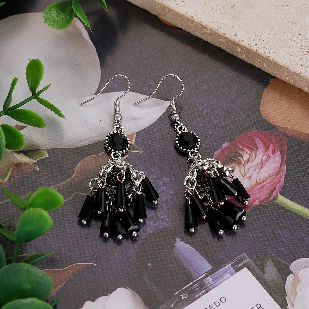 Bohemian Black Crystal Tassel Earrings for Women Long Hanging Earrings Ethnic Bell Pendants Jewelry Pendientes Mujer