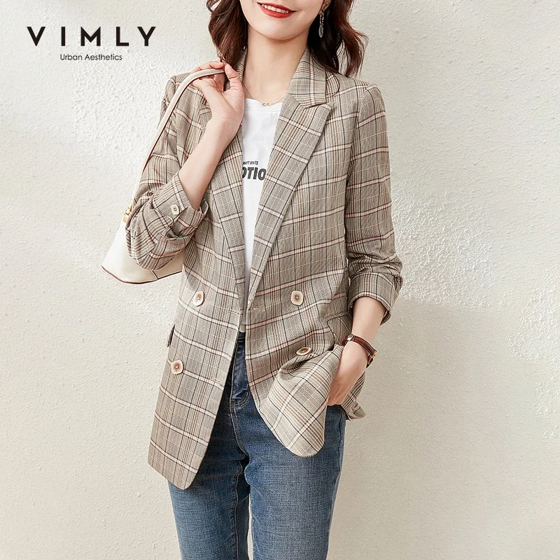 VIMLY-Chaqueta elegante a cuadros para mujer, abrigo con muescas de doble botonadura, moda de primavera, F6208, 2024