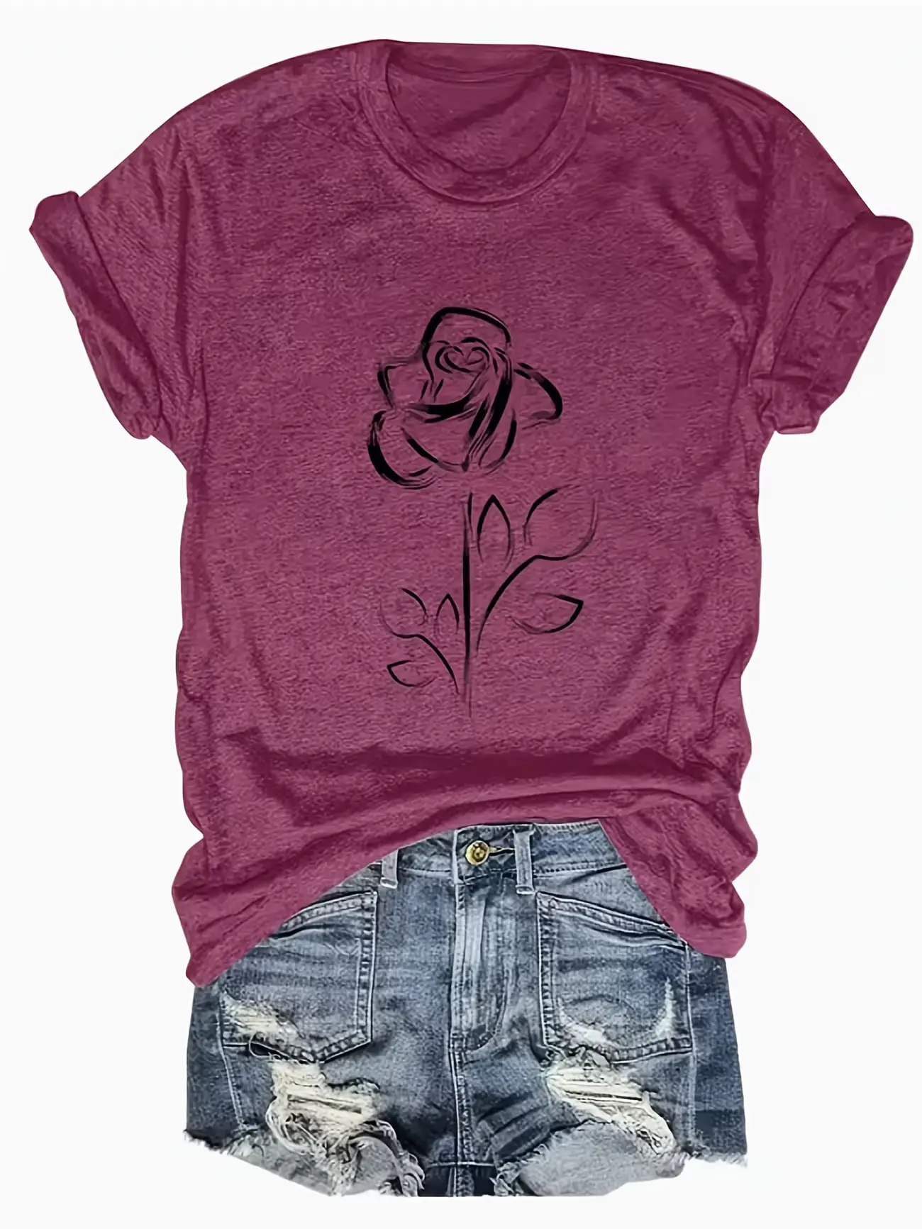 

Plus Size Women's Short Sleeve T-Shirt Rose Design With Text Label Everyday comfortable and versatile style summer outfits