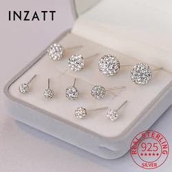 INZATT Real 925 Sterling Silver Zircon Round Stud Earrings For Women Classic Fine Jewelry Minimalist Ear Piercing Accessories