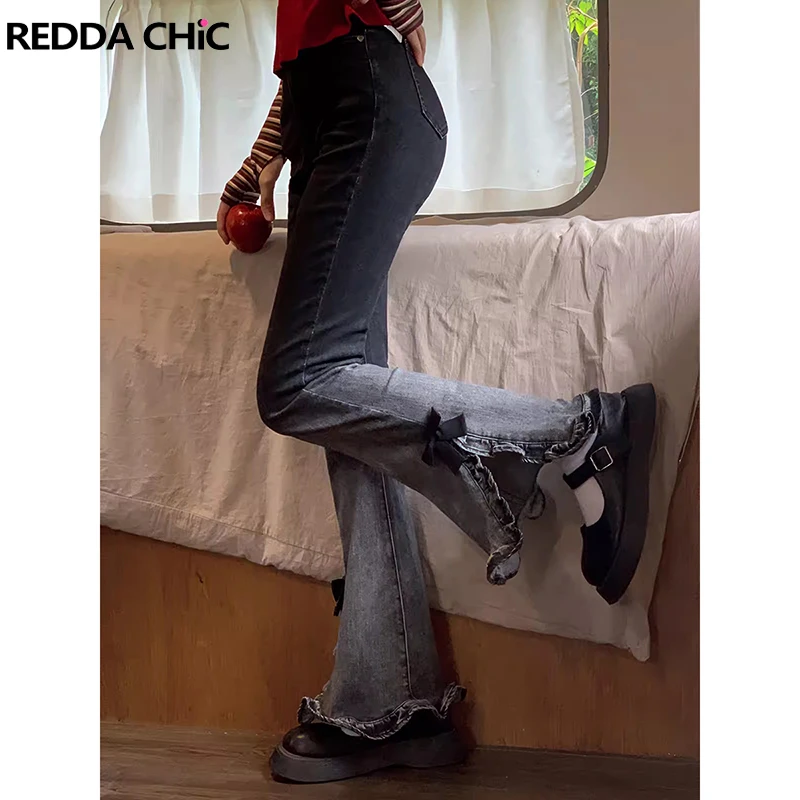 

ReddaChic Ruffled Split Women Flare Jeans High Rise Gradient Wash Bow Slim Bootcut Denim Pants Acubi Fashion Korean Streetwear