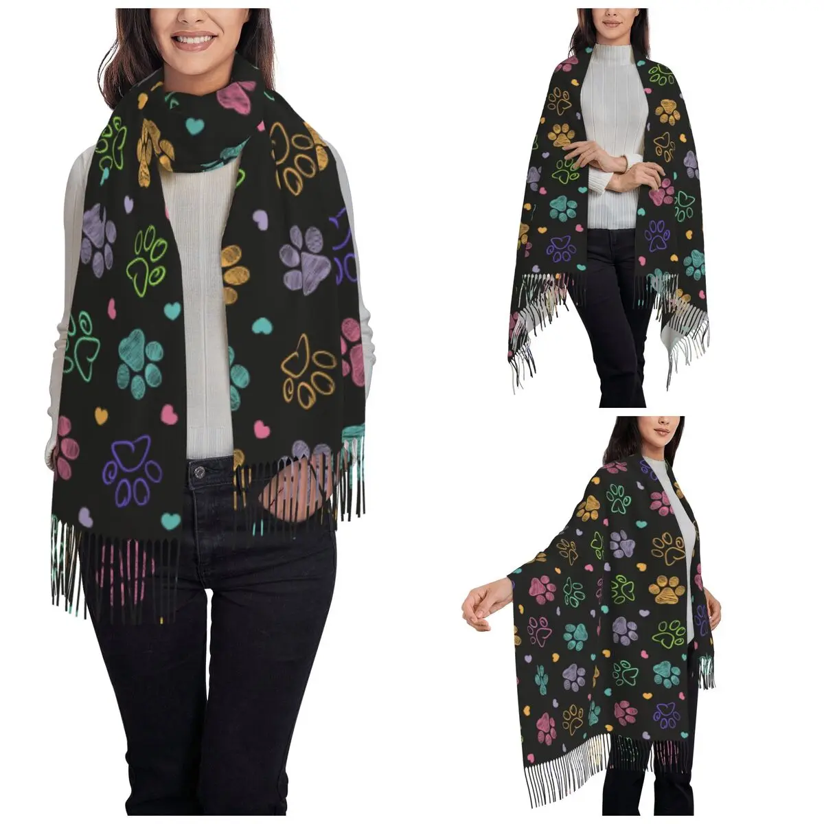 Women's Tassel Scarf Colorful Doodle Paw Print Long Soft Warm Shawl Wrap Dog Cat Gifts Pashmina Scarves