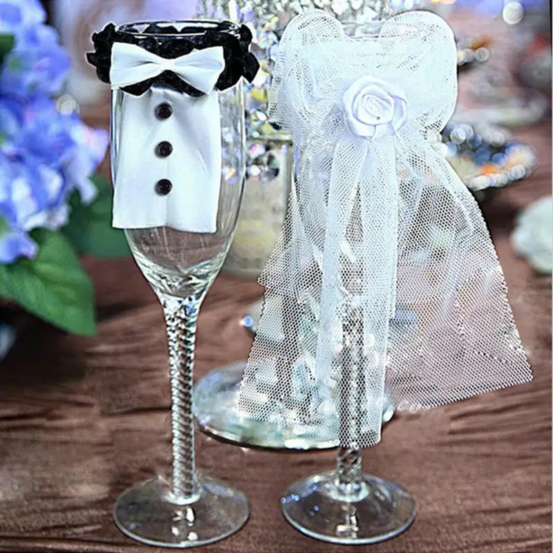 2Pcs/Set Bridal Veil Bow Tie Bride & Groom Tux Bridal Veil Wedding Party Toasting Wine Glasses Decor Wedding Party Decoration