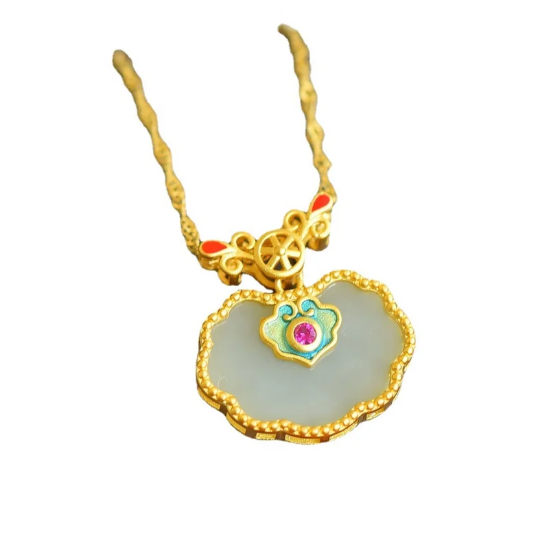 الطبيعية Hetian الأبيض اليشم شقة Ruyi قفل قلادة S925 الفضة Linyang قلادة #5