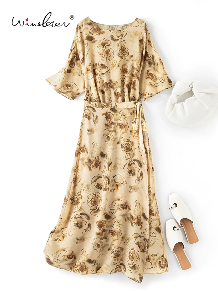 

Winsleter-Women 100%Real Silk Elegant Dress, Half Sleeve O Neck Print, French Tea Break Loose Dresses, 2025 Summer New D55706CC