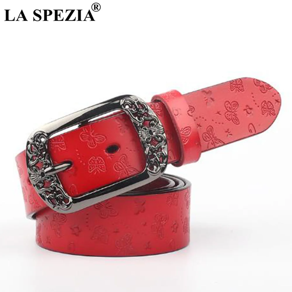 LA SPEZIA حزام أسود للنساء الجلد الحقيقي دبوس مشبك أحزمة خمر الإناث جلد البقر الحقيقي تنقش السيدات حزام خصر 110 سنتيمتر