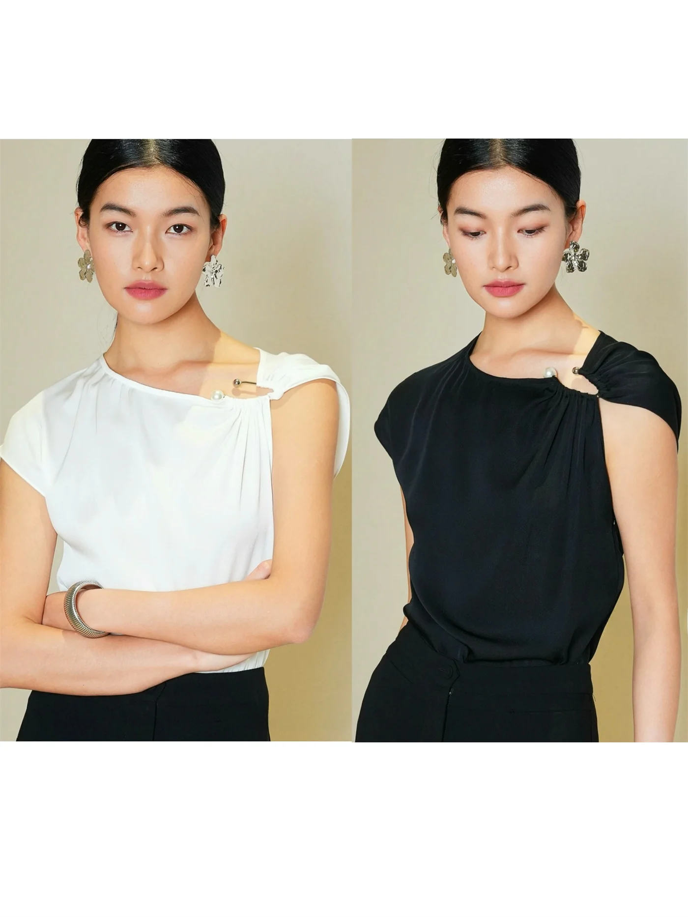 

Elastic Silk ort Sve T-irt Metal Decorated Casual Sle Stand Fit Ladies Top round Neline Summer Faion