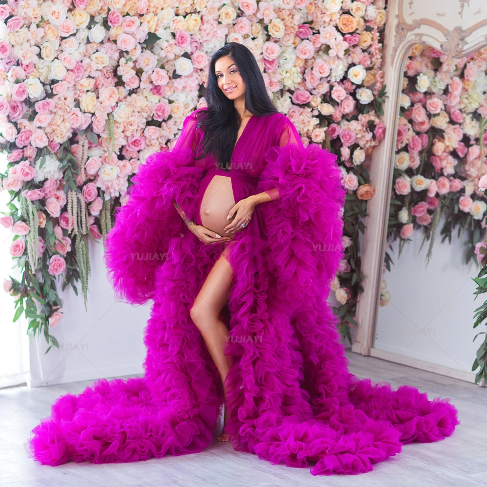 Customized Maternity Dress Fluffy Tulle Tiered Women Prom Dress Long Sleeves Maternity Robe Pregnant Photoshoot Babyshower Gown