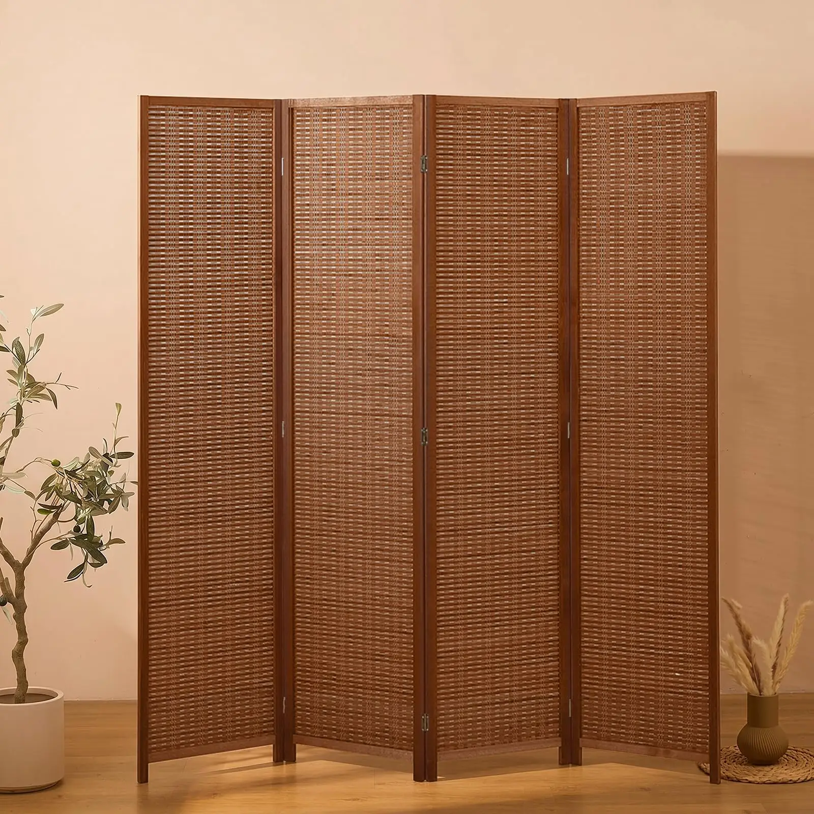 4 Panel Bamboo Room Divider, Folding Privacy Screen, Dark Brown