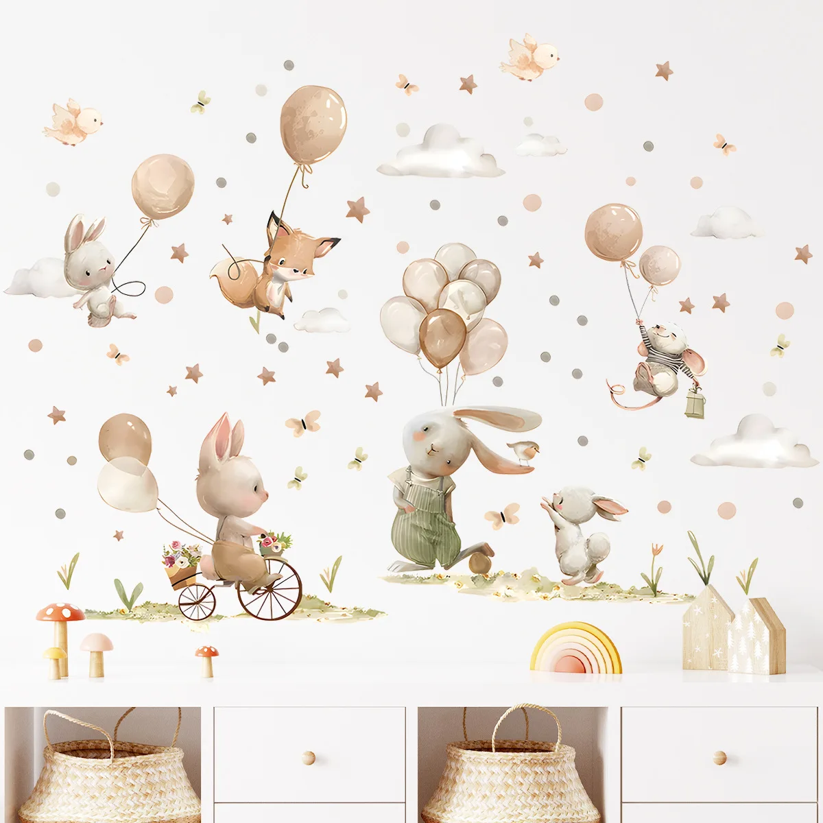 New Creative Countryside Style Rabbit Fox Bird Cloud Star Small Animal Removable Stickers Bathroom Room Bedroom Wall Ceramic Til