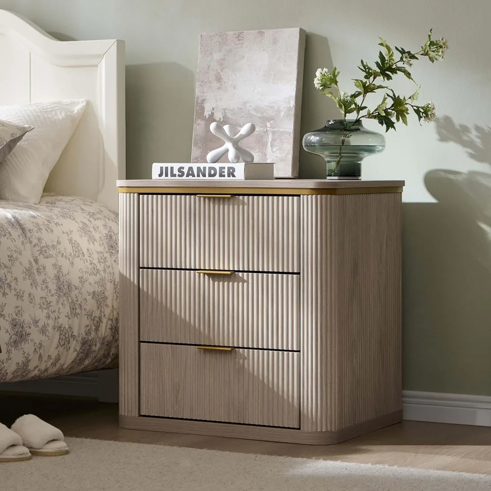 Large Mid Century Modern Fluted Nightstand with 3 Drawers - Ideal for Bedroom and Living Room in White