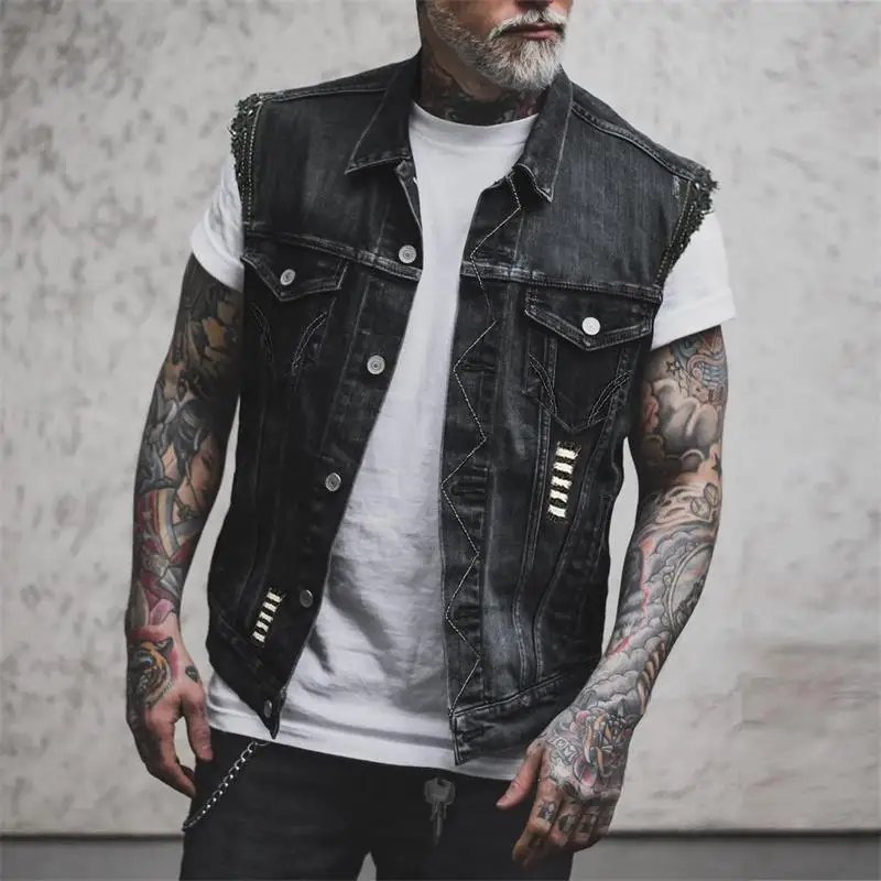 Men's Denim Vest 2024 Spring And Autumn New Europe And The United States Printed Casual Hole Wear Large Size Denim Vest