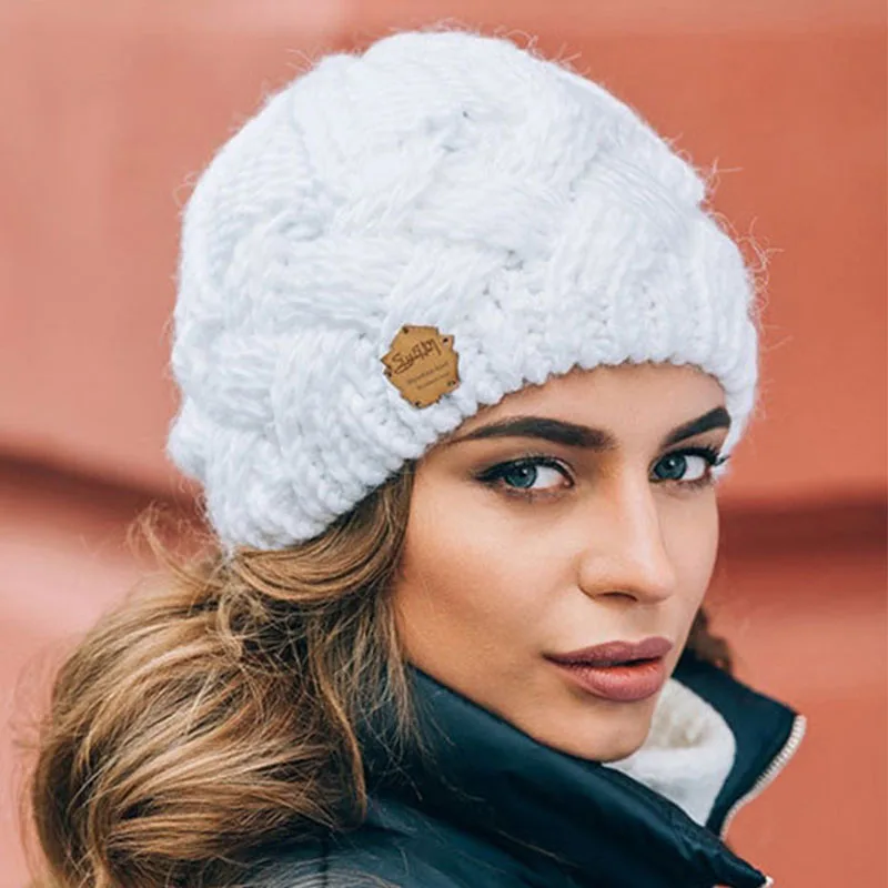 Women Winter Knitted Beanie Hat Soft Thicken Keep Warm Solid Color Bonnet Caps Female Fashion Cashmere Wool Skullies Hats