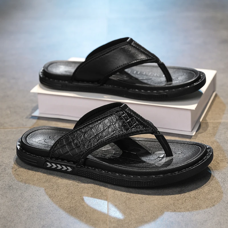 

Casual Men's Summer Thong Sandals Leather Slippers Anti-Slip Deodorant Beach Sandals Breathable Thick Bottom PVC Bottom