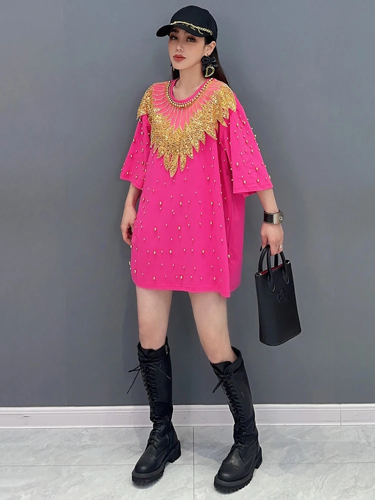 SHENGPALAE Magnificent Appliques T-shirt For Women Light Luxury O-neck Half Sleeve Embroidered Flares Tees Spring 2024 New R9398