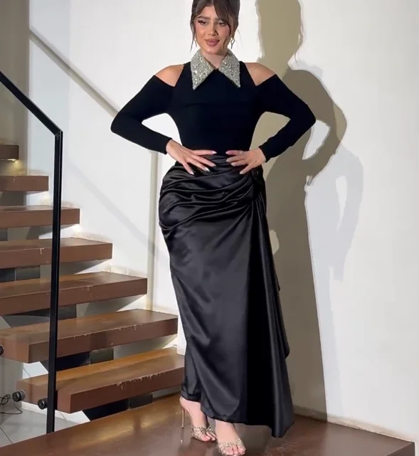 Vestido elegante de tres cuartos con cuentas negras y cuello alto personalizado de alta calidad para mujer para fiesta de boda