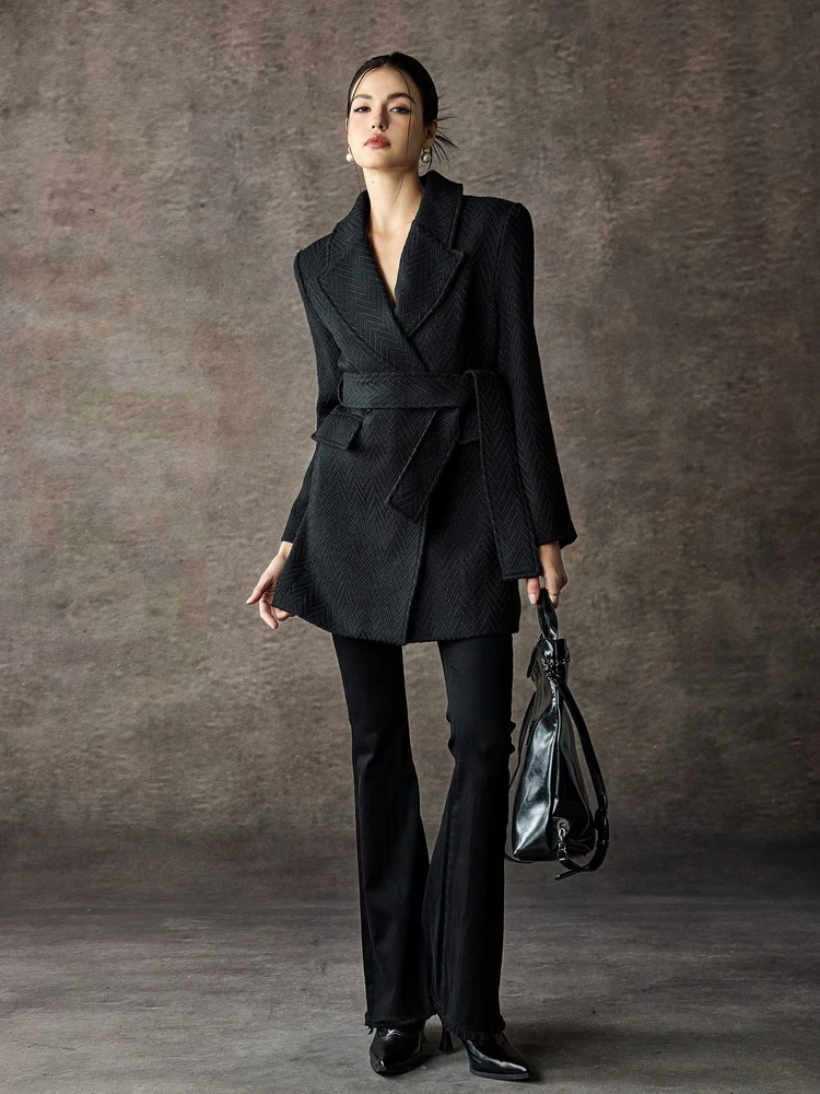 

MS Page Hello Bla Tweed Thiened Belted Mid-Length Women's Suiting Outerwear Ele Sle Long Sve Notch Collar