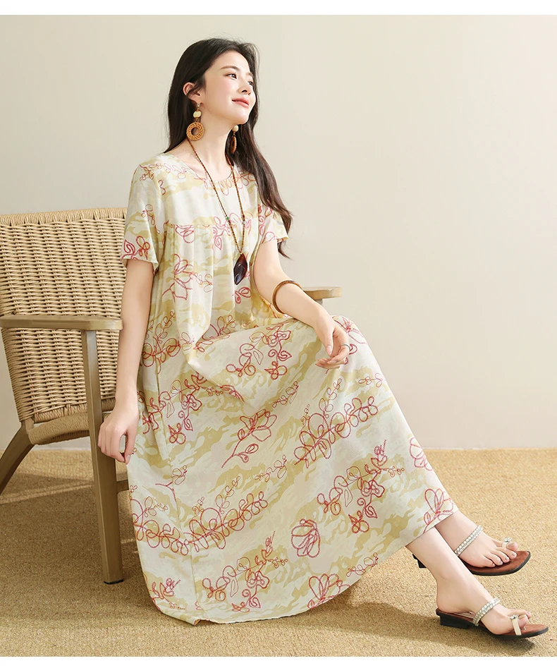 New 2025 Summer Dress For Women Plus Size Dress Casual Short Sleeve Boho Vintage Print Long Maxi Dress Beach Women Clothing