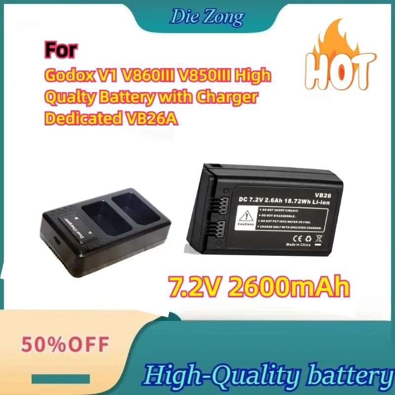 

New For Godox V1 V860III V850III High Qualty Battery with Charger Dedicated VB26A 7.2V 2600mAh 18.72Wh Replacement Flash Battery