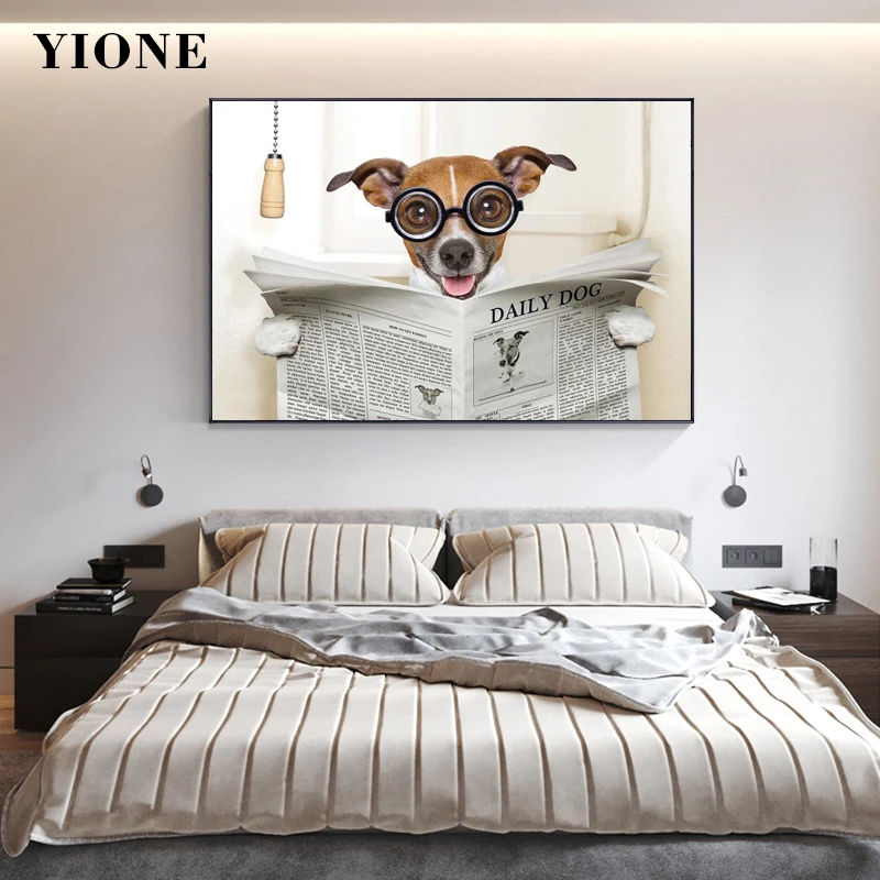 Toilet Reading Newspaper Dog Canvas Painting With Frame Funny Animal Poster Print Bathroom Wall Art Home Decoration Picture