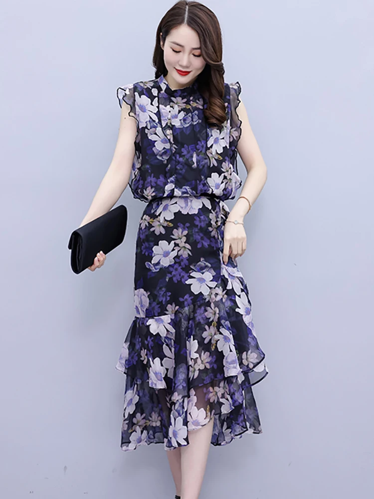 2024 Summer Casual Chic Ruffled Cake Skirt Women Elegant Fashion Bodycon Prom Night Long Vestido Vintage Floral Party Midi Dress