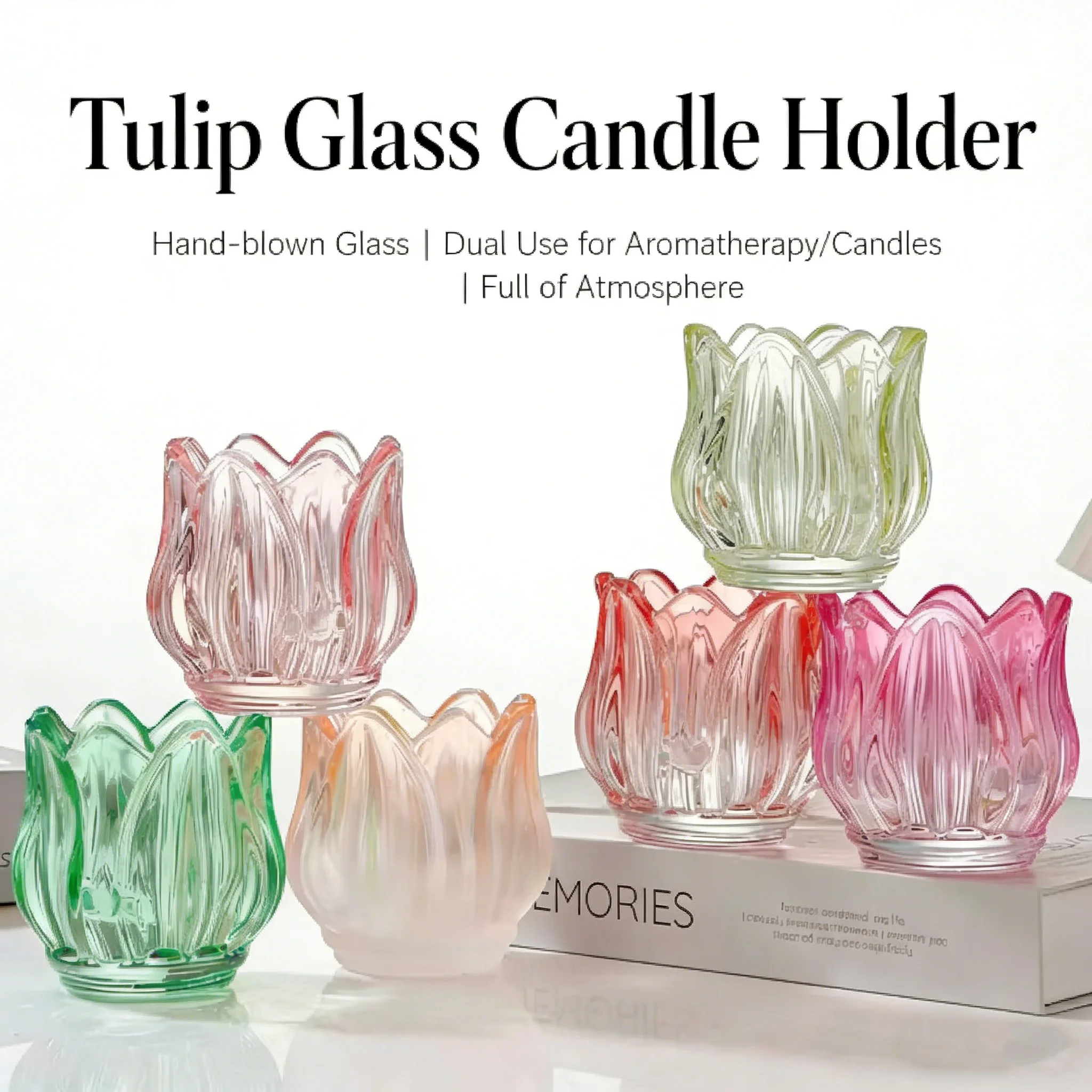 Tulip Colored Glass Aromatherapy Candle Holder Vintage Embossed Petal Candlestick Home Hotel Wedding Desktop Decor Gift