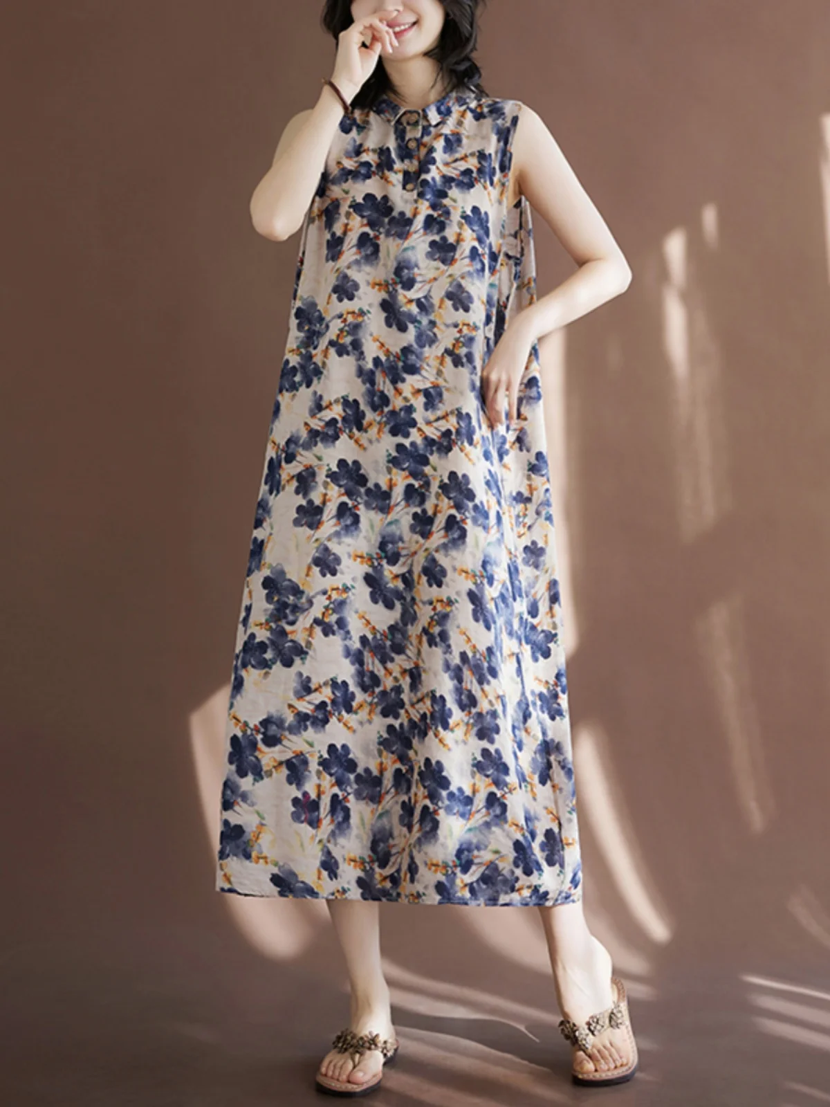 ชุดเดรสทรงเอไลน์ผ้าฝ้ายลินินพิมพ์ลายดอกไม้สไตล์จีนย้อนยุคสำหรับฤดูร้อน ทรงหลวม ใส่สบาย เหมาะสำหรับสาวพลัสไซส์