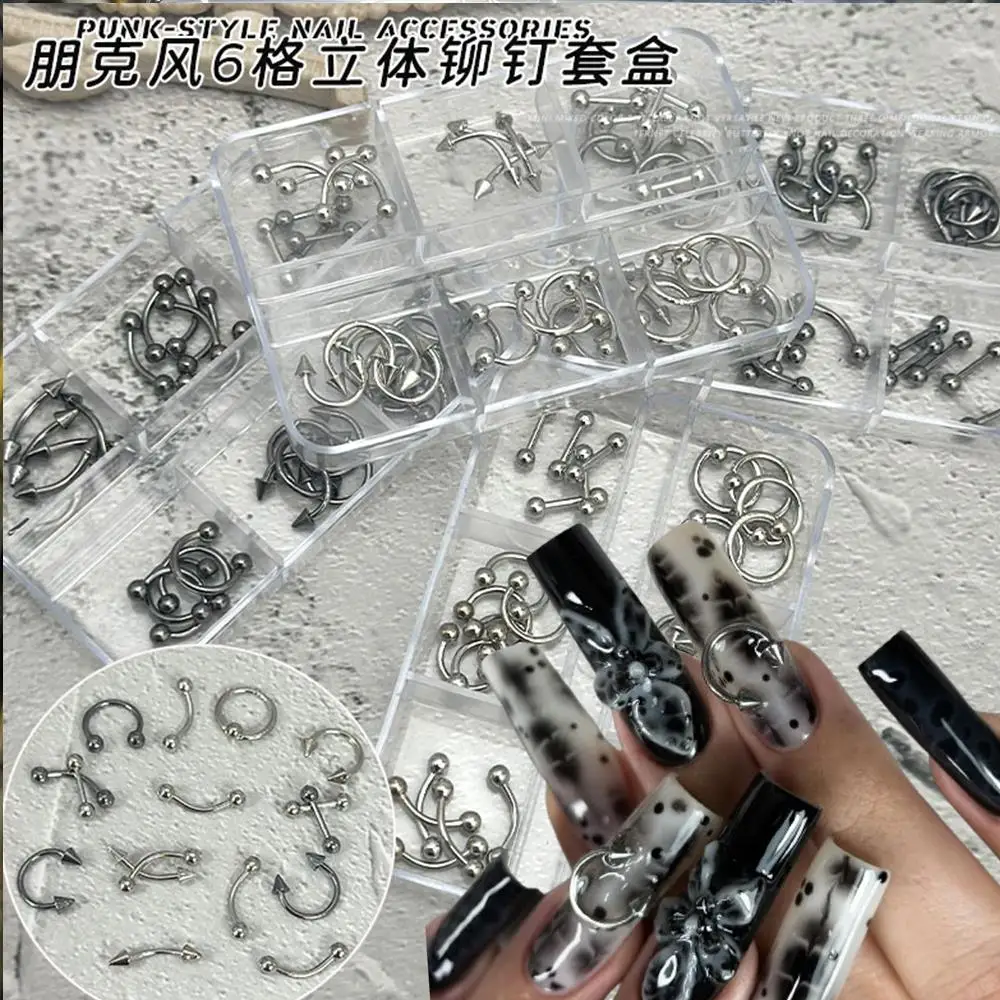 

6 сеток, 3D Хэллоуин, панк, заклепки, дизайн ногтей, подвески в стиле ретро, металлическое кольцо со стрелкой, украшение для ногтей Y2K, рок-стиль, аксессуары для маникюра «сделай сам» и