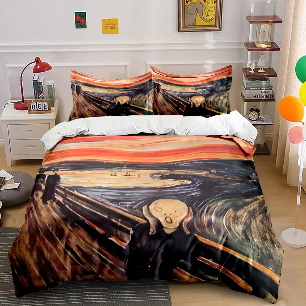 Screaming figure on fiery bridge painting Bedding Set for Kids Luxury Gift 3pcs Digital Print Comforter Set Soft Comfortable