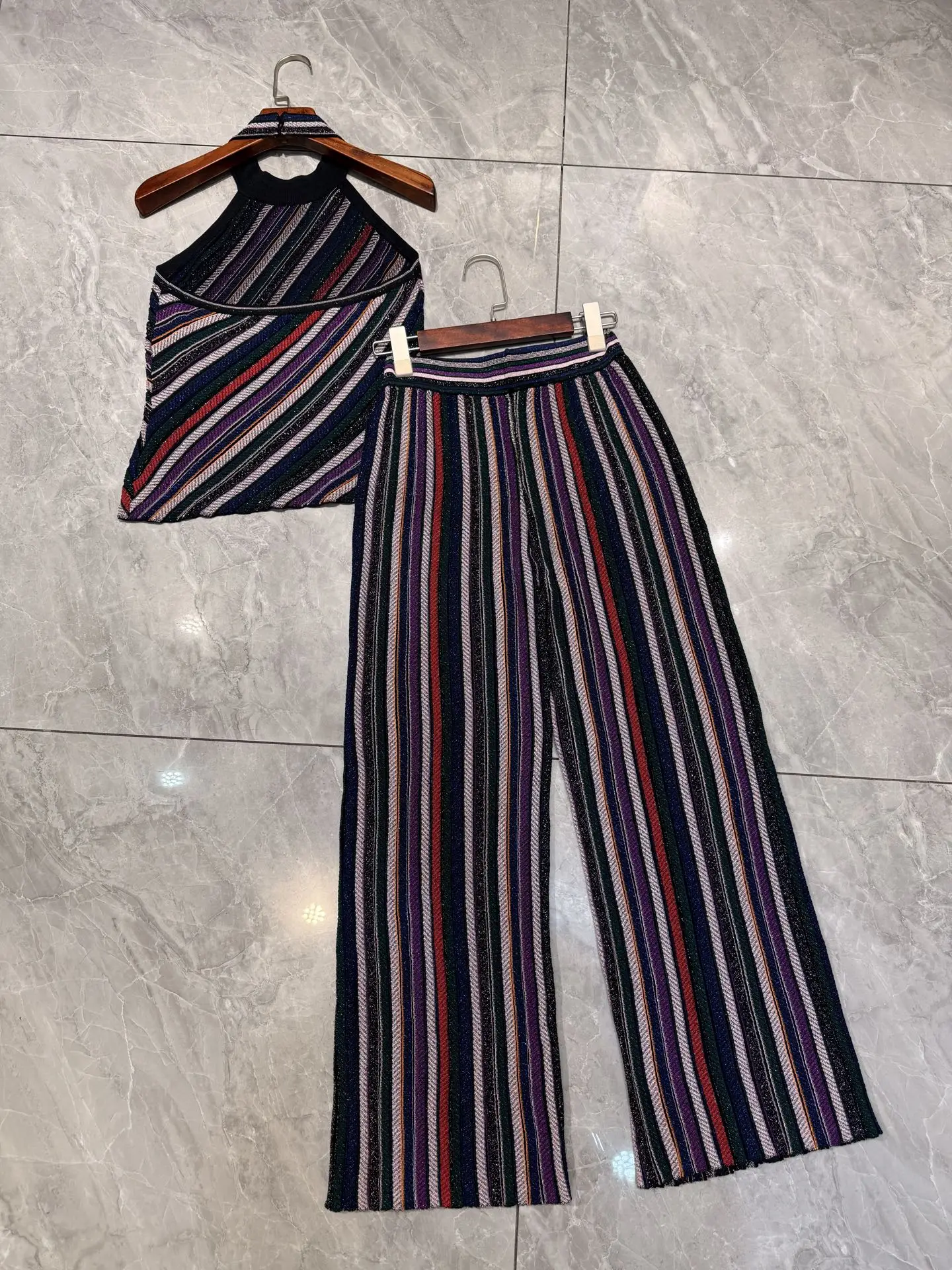 Women Metallic Striped Knitted Set Halter Round Neck Sleeveless Vest + Elastic Waist Straight Long Pants Vintage Knit Suits