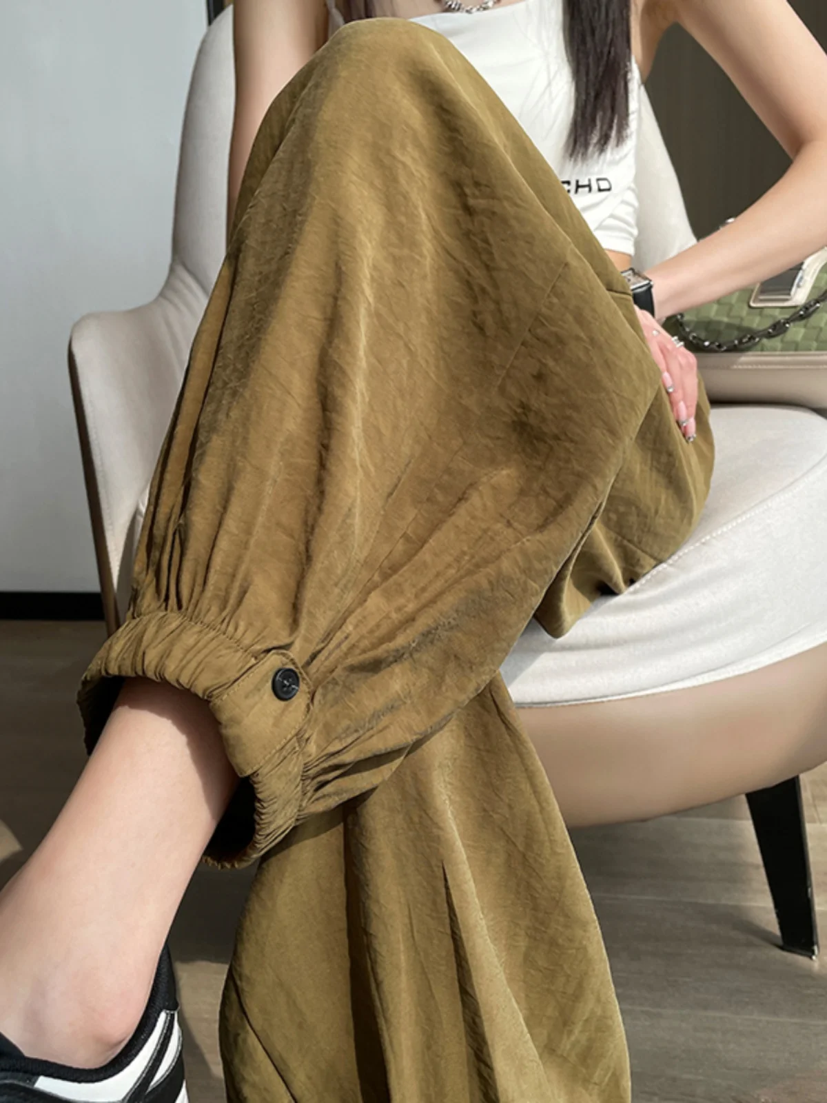 Acetate Sport Pants Women's Ice Silk Spring Summer Thin High Waist Loose Slimming Harlan Casual Nine Point Cuffed Lantern Pants