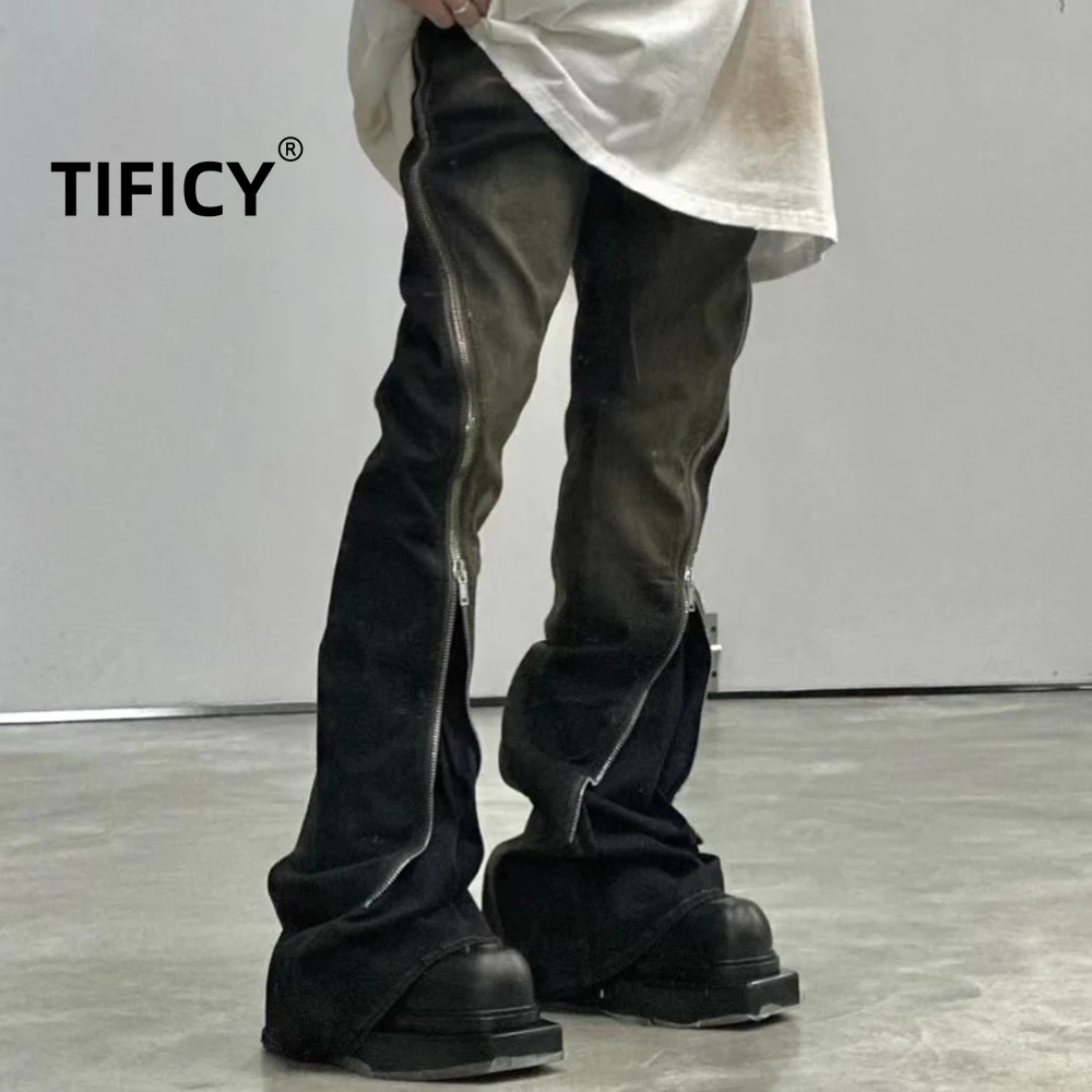 

High Street Ro Jeans Pants Men's Washed Gradient Multi Zipper Loose Casual Straight Horn Stacking Slimming Denim Pants